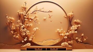 japanese style minimal abstract background.stone podium and bonsai with circle brown background for product presentation. Neural network photo