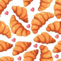 Seamless pattern with fresh ruddy croissants with crispy crust and pink hearts. Background for cafe menu design, labels and packaging. vector