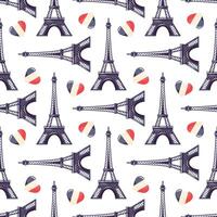 Seamless pattern on a white background with the Eiffel Tower and hearts, painted in tricolor. For fashionable clothes, bed linen, wrapping paper. vector