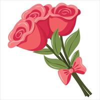 A cartoon illustration of three pink roses with green leaves and a bow tied around their stems. The roses are drawn in a simple, stylized manner, and the image is set against a white background. vector