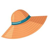 This image shows a wide-brimmed straw hat with a teal ribbon around the crown. The hat is made of woven straw and has a classic sun hat shape. vector