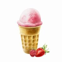 Scoop of strawberry, raspberry ice cream in crispy waffle cone. Hand painting sweet watercolor illustration isolated on background. For designers, menu, shop, decoration, restaurant, for vector