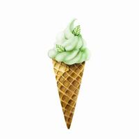 Mint soft ice cream in crispy waffle cone with fresh leaves. Hand painting sweet watercolor illustration isolate vector