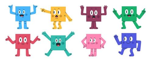 Square characters. Funny geometric cute square mascot, comic square shapes with various emotions flat illustration set. Square mascots with funny face vector