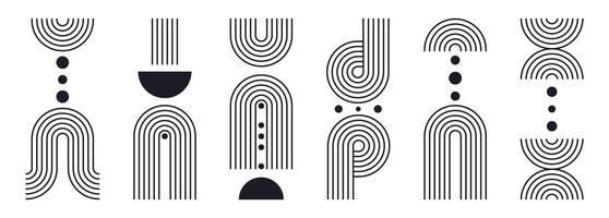Geometric bauhaus striped shapes. Abstract arch figures, modern memphis design shapes flat illustration set. Contemporary minimalist elements vector