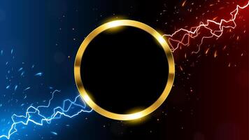 Golden Ring Banner with Fire Sparks and Lightning Strikes, Isolated on Red and Blue Background vector