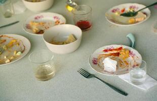 Empty dirty plates with spoons and forks on the table after meal. Banquet ending concept. Unwashed dishes photo