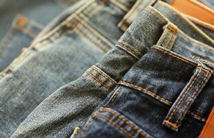 Many jeans in stack in wardrobe room. Row of pants denim jeans in closet. Concept of buy, sell, shopping and fashionable clothes photo