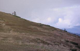 Morning view from the Dragobrat mountain peaks in Carpathian mountains, Ukraine. Cloudy and foggy landscape around Drahobrat Peaks photo