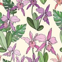Abstract vintage seamless floral pattern with orchids and tropical leaves. vector