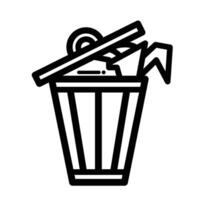 Full trash can with lid icon illustration with black outline isolated on square white background. Simple flat cartoon art styled drawing. vector
