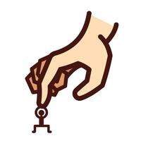 Hand pusing on small stick man person. Strong versus weak themed icon illustration with outline isolated on square white background. Simple flat cartoon art styled drawing. vector