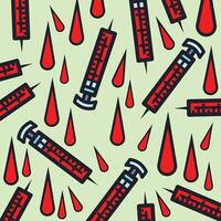 Syringe with red liquid colorful illustration pattern with outline isolated on square light green background. Simple flat health care themed cartoon art styled drawing. vector