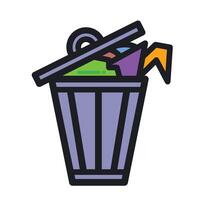 Full trash can with lid colorful icon illustration with outline isolated on square white background. Simple flat cartoon art styled drawing. vector