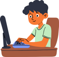 Boy typing keyboard and working with computer, student life, studying, technology, back to school, online education, online class, college, academic, productivity, learning, work life balance, doodle png