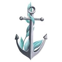 The sea anchor is metallic black with turquoise algae. Watercolor illustration. An isolated object on a white background from the collection of WHALES. For decoration and design. vector