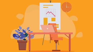 abstract office room background with office desk and laptop and poster in background vector