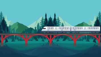 Fast train on a bridge with a nature background of mountains and trees vector