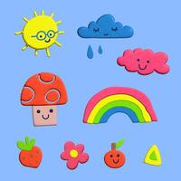 Plasticine 3d background set of sun, rainbow, clouds. kids package, wrapping paper vector