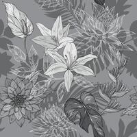 Monochrome hand draw seamless pattern with tropical flowers, blossom cluster seamless background vector