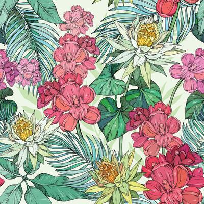 Seamless background with floral elemants, orchid flowers and tropical plants