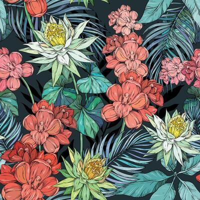 Seamless background with floral elemants, orchid flowers and tropical plants on black background