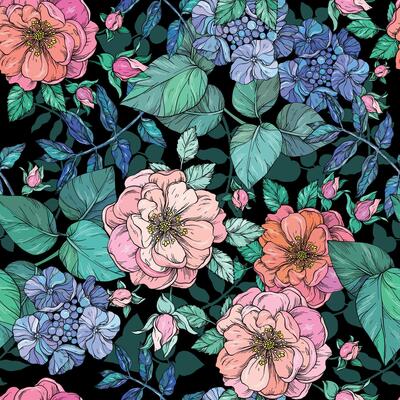 Seamless pattern with hand drawn pink roses and hydrangea flowers on black background
