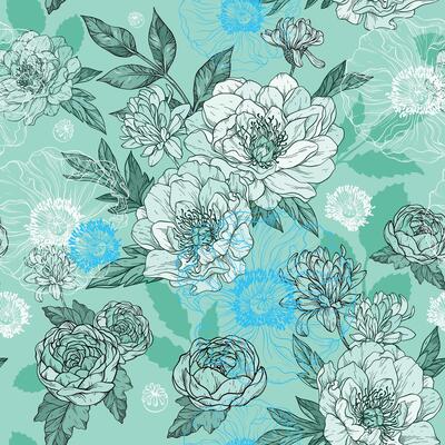 Seamless monochrome turquoise pattern with peonies and leaves, flower buds. Line art, vintage graphics.