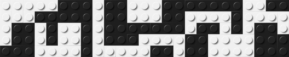 Many plastic building toy blocks banner. Background of bricks in black and white colors. Close-up of bricks viewed from above. Abstract background illustration vector