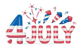 Fourth of July banner. American Independence Day. 4 July letters voluminous inflated from balloon. Greeting card and poster design with US flag with fireworks vector