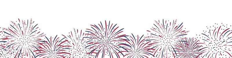 Seamless horizontal Fireworks background in red, blue and white colours for US Independence Day, Bastille Day, 4th of July. Seamless border Isolated on white. For digital paper, cards, banner vector