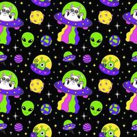 Cartoon colorful set seamless pattern with UFO alien cat. vector