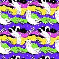 Cute white cats flying in space, psychedelic groovy seamless pattern. vector