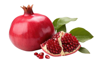 Pomegranate with leaf healthy fruit transparent background cutout png