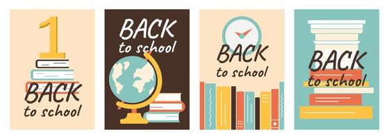 Set Banners Back to school. Gold unit and stack of books. Architectural column, textbooks. Teaching and education. Clock, bookshelf. Globe and encyclopedias. Studying, learning. illustration vector