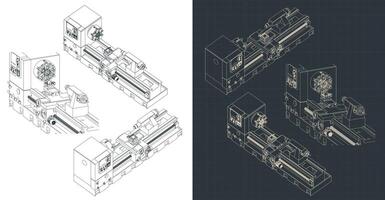 Mechanical lathe isometric blueprints vector