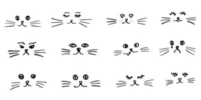 A set of cute minimal cat faces in black outline. Cats emotions. Pet faces with hanging tongue nose moustache, animals kitten muzzle different mood expression happy or anger. illustration. vector