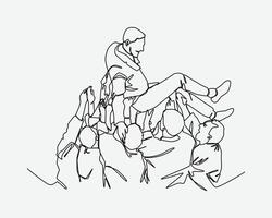 One line drawing of the players celebrates with the coach. the athletes lift up the coach. theme of victory, success, sports. Editable stroke, Graphic illustration. vector