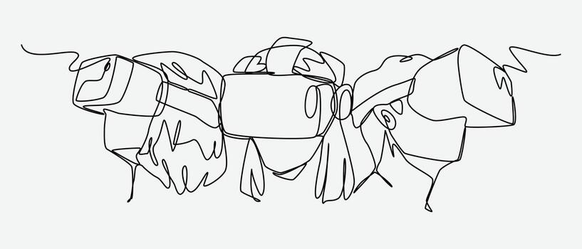 continuo uno línea dibujo de diferente personas utilizando virtual realidad auriculares. gráfico ilustración. vector