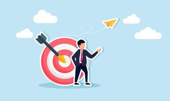 Business aims set goals, resolutions, aspire, and strive for success with motivation, concept of A confident businessman stands as his arrow hits the bullseye on an archery target vector