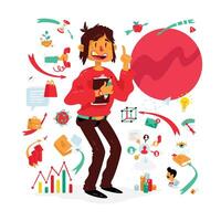 A set of icons on the theme of business processes. A bright cartoon character with infographics. A man with a tablet and a pencil. Fashionable bright illustration. Graphs and tables, statistics. . vector