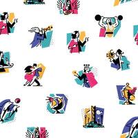 A set of icons on the theme of art forms. Music, choreography, singing, literature, theater, circus. Hobbies of creative people. Icons for the site, banner and print. Emblems, symbols. Pattern. vector