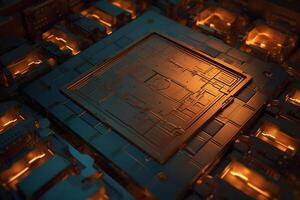Close-up view of a modern GPU card with circuit and colorful lights and details. Neural network photo