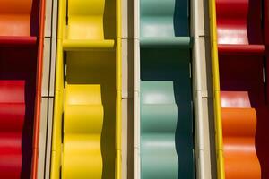 Beautiful view of water park with colorful slides and swimming pool on sunny day. Neural network photo