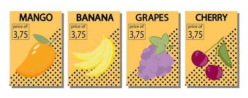 Fruit label set, price tags fruit poster banner template background in bright minimalistic style. vector