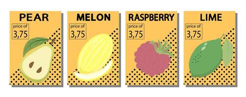Fruit label set, price tags fruit poster banner template background in bright minimalistic style. vector