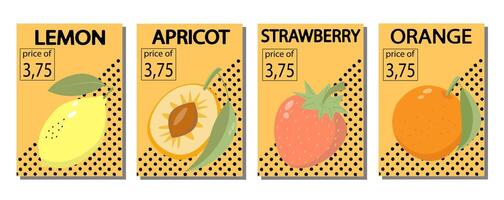 Fruit label set, price tags fruit poster banner template background in bright minimalistic style. vector