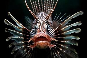 Red lionfish - one of the dangerous coral reef fish. Neural network photo