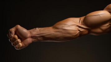 tense arm clenched into fist, veins, bodybuilder muscles on a dark background. Neural network photo