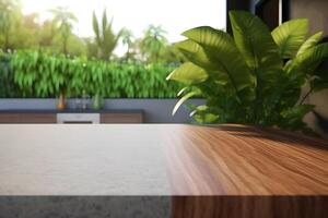 Jungle table background. Interior table for a cosmetic item against the backdrop of tropical plants, palms and jungle. Neural network photo